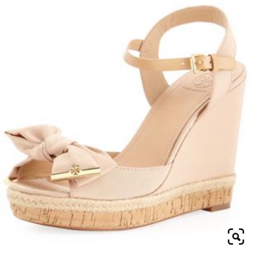Tory Burch Beige Espadrilles Wedges with Bow and Metal Hardware|6.5